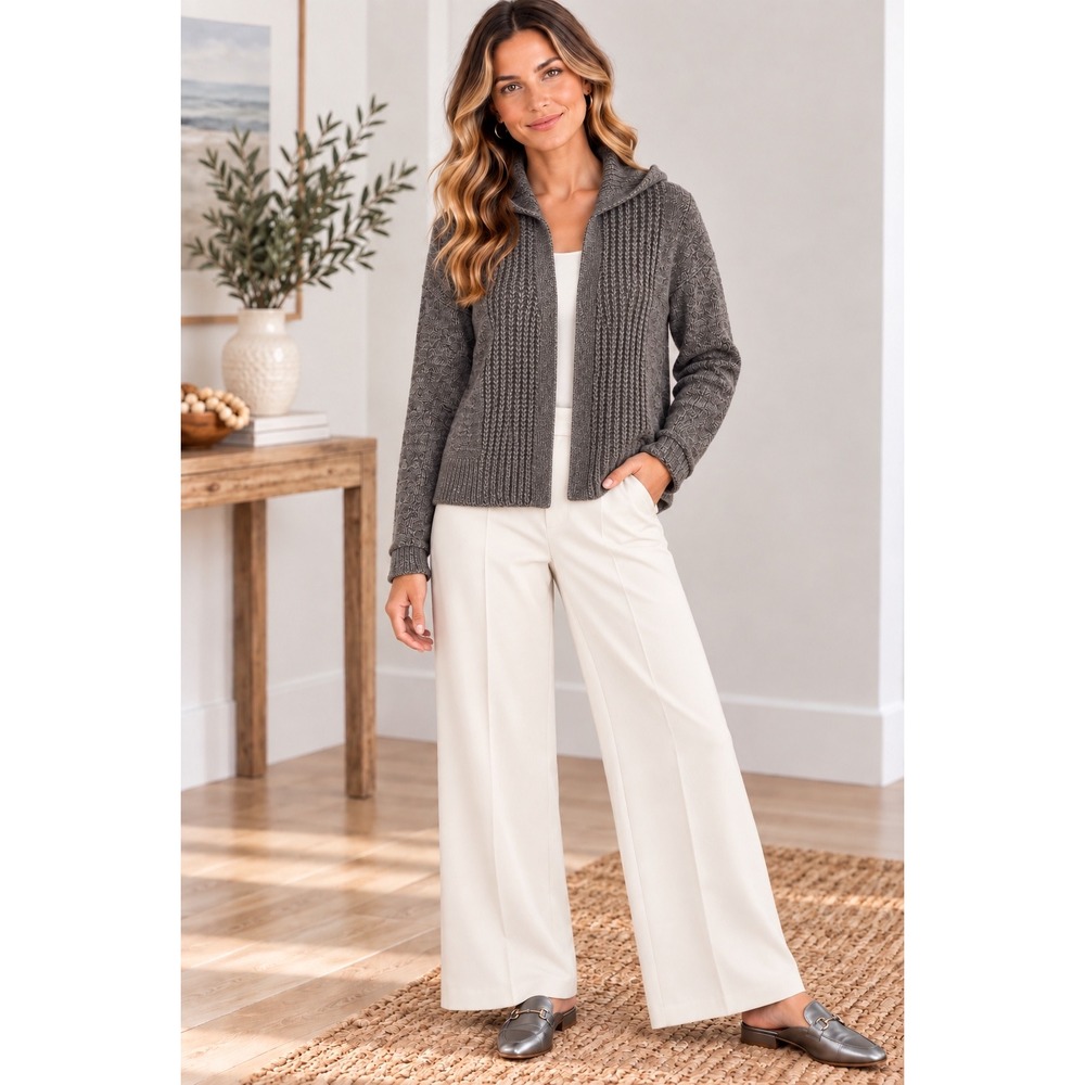 Eileen Fisher Womens L Gray Organic Cotton Hooded Cardigan Chunky Knit Sweater